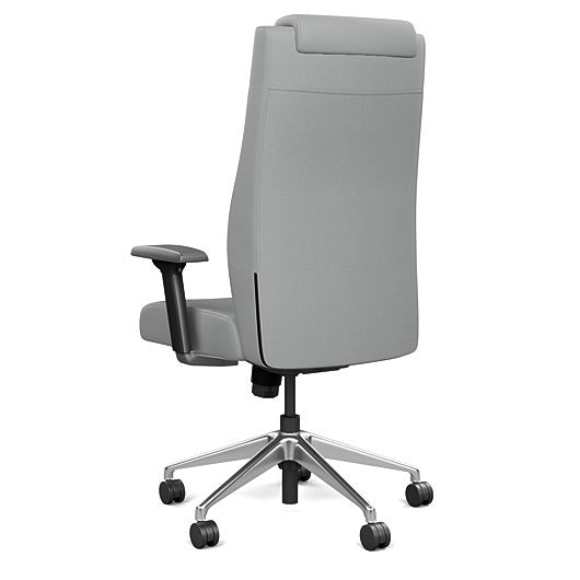 Back view of the SitOnIt Prava highback chair with a headrest in brushed aluminum frame and Platinum Vinyl fabric. Kansas City Office Design