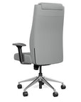 Back view of the SitOnIt Prava highback chair with a headrest in brushed aluminum frame and Platinum Vinyl fabric. Kansas City Office Design
