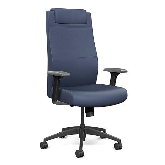 Front view of the SitOnIt Prava highback chair with a headrest in black frame and Sapphire Vinyl fabric. Kansas City Office Design