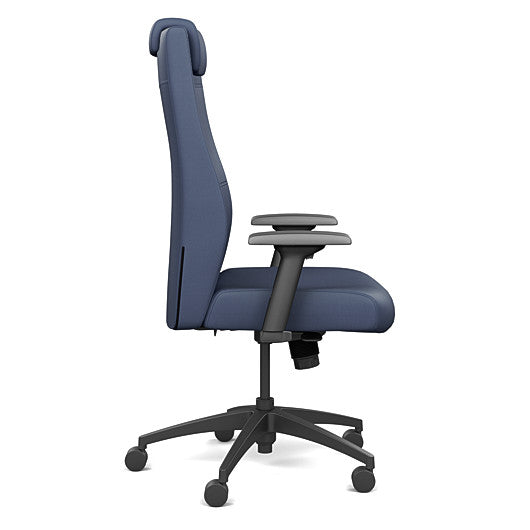 Side view of the SitOnIt Prava highback chair with a headrest in black frame and Sapphire Vinyl fabric. Kansas City Office Design