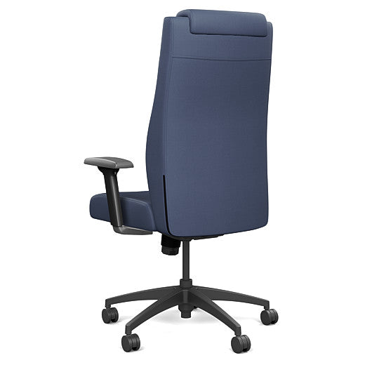 Back view of the SitOnIt Prava highback chair with a headrest in black frame and Sapphire Vinyl fabric. Kansas City Office Design