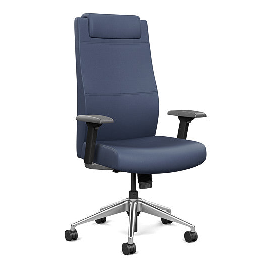 Front view of the SitOnIt Prava highback chair with a headrest in brushed aluminum frame and Sapphire Vinyl fabric. Kansas City Office Design