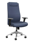 Front view of the SitOnIt Prava highback chair with a headrest in brushed aluminum frame and Sapphire Vinyl fabric. Kansas City Office Design