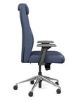 Side view of the SitOnIt Prava highback chair with a headrest in brushed aluminum frame and Sapphire Vinyl fabric. Kansas City Office Design