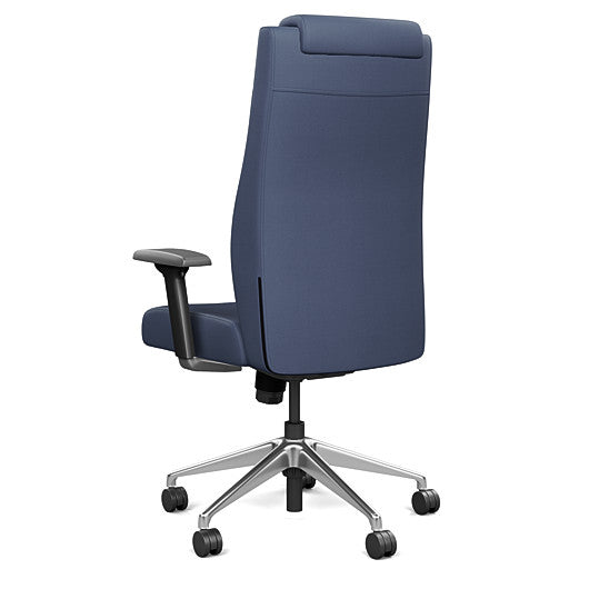 Back view of the SitOnIt Prava highback chair with a headrest in brushed aluminum frame and Sapphire Vinyl fabric. Kansas City Office Design