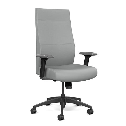Front view of the SitOnIt Prava highback chair in black frame and Platinum Vinyl fabric. Kansas City Office Design