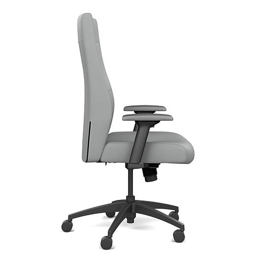 Side view of the SitOnIt Prava highback chair in black frame and Platinum Vinyl fabric. Kansas City Office Design