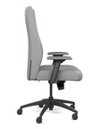 Side view of the SitOnIt Prava highback chair in black frame and Platinum Vinyl fabric. Kansas City Office Design