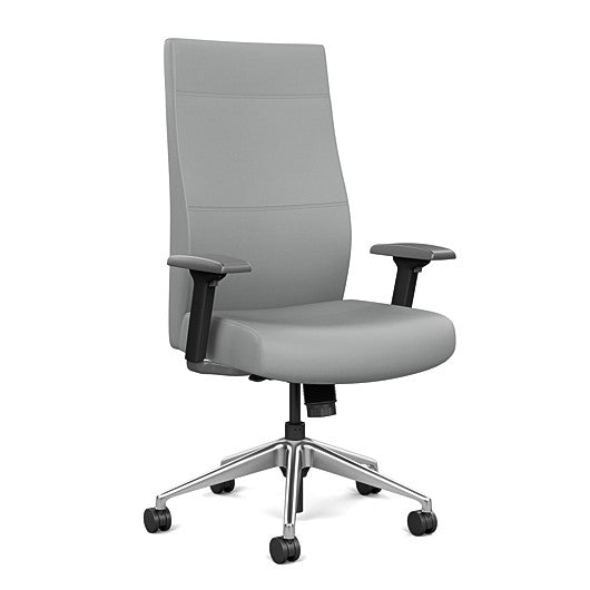 Front view of the SitOnIt Prava highback chair in brushed aluminum frame and Platinum Vinyl fabric. Kansas City Office Design