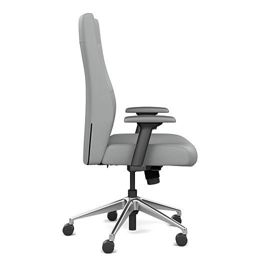 Side view of the SitOnIt Prava highback chair in brushed aluminum frame and Platinum Vinyl fabric. Kansas City Office Design