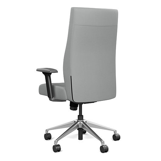 Back view of the SitOnIt Prava highback chair in brushed aluminum frame and Platinum Vinyl fabric. Kansas City Office Design