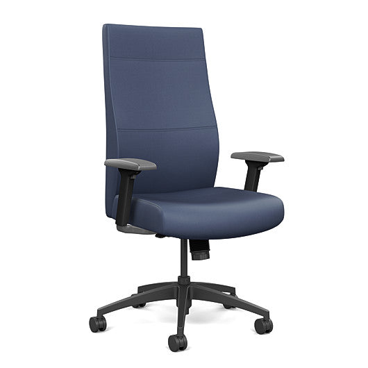 Front view of the SitOnIt Prava highback chair in black frame and Sapphire Vinyl fabric. Kansas City Office Design