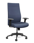Front view of the SitOnIt Prava highback chair in black frame and Sapphire Vinyl fabric. Kansas City Office Design