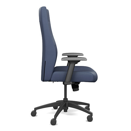 Side view of the SitOnIt Prava highback chair in black frame and Sapphire Vinyl fabric. Kansas City Office Design