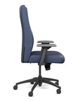 Side view of the SitOnIt Prava highback chair in black frame and Sapphire Vinyl fabric. Kansas City Office Design