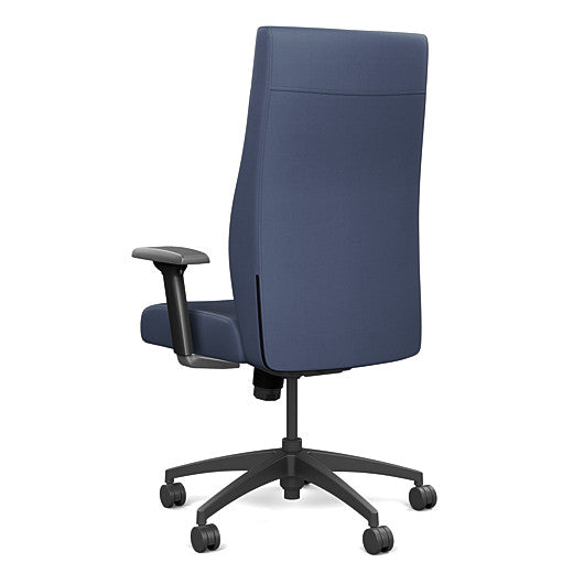 Back view of the SitOnIt Prava highback chair in black frame and Sapphire Vinyl fabric. Kansas City Office Design