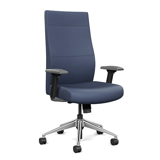 Front view of the SitOnIt Prava highback chair in brushed aluminum frame and Sapphire Vinyl fabric. Kansas City Office Design
