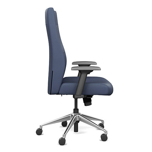 Side view of the SitOnIt Prava highback chair in brushed aluminum frame and Sapphire Vinyl fabric. Kansas City Office Design