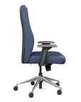 Side view of the SitOnIt Prava highback chair in brushed aluminum frame and Sapphire Vinyl fabric. Kansas City Office Design