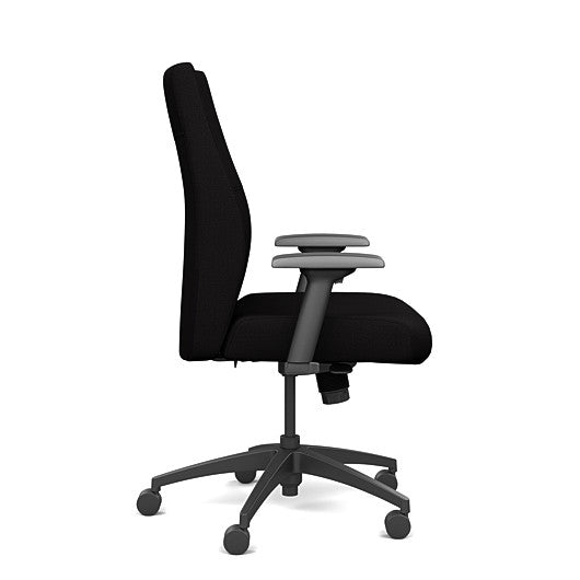 Side view of the SitOnIt Prava midback chair in black frame and black fabric. Kansas City Office Design