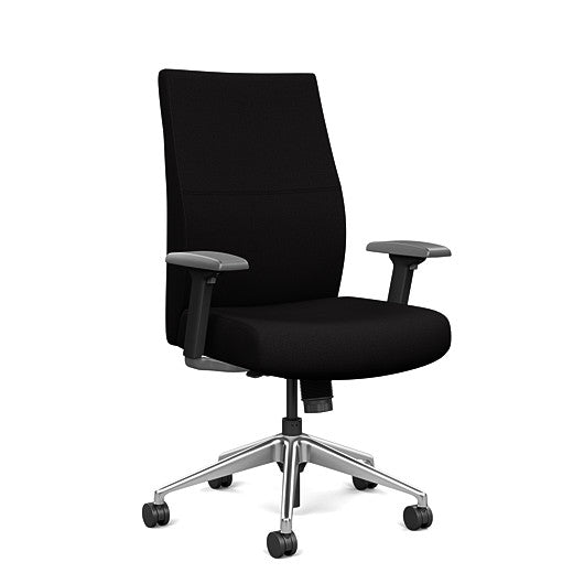 Front view of the SitOnIt Prava midback chair in brushed aluminum frame and black fabric. Kansas City Office Design