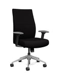 Front view of the SitOnIt Prava midback chair in brushed aluminum frame and black fabric. Kansas City Office Design