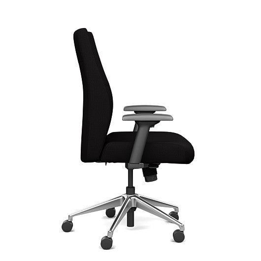 Side view of the SitOnIt Prava midback chair in brushed aluminum frame and black fabric. Kansas City Office Design