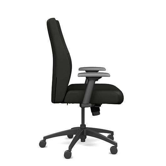 Side view of the SitOnIt Prava midback chair in black frame and black vinyl fabric. Kansas City Office Design
