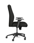 Side view of the SitOnIt Prava midback chair in black frame and black vinyl fabric. Kansas City Office Design