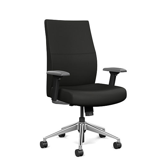 Front view of the SitOnIt Prava midback chair in brushed aluminum frame and black vinyl fabric. Kansas City Office Design