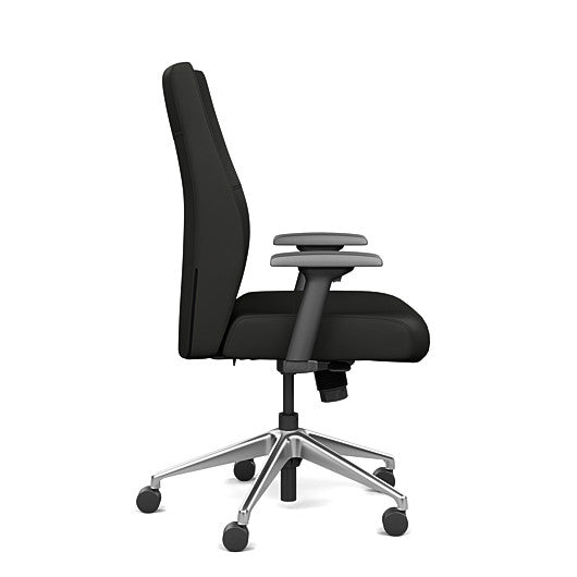 Side view of the SitOnIt Prava midback chair in brushed aluminum frame and black vinyl fabric. Kansas City Office Design