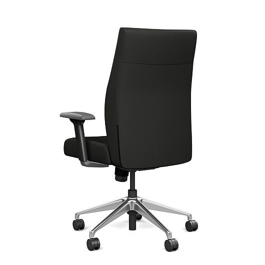 Back view of the SitOnIt Prava midback chair in brushed aluminum frame and black vinyl fabric. Kansas City Office Design
