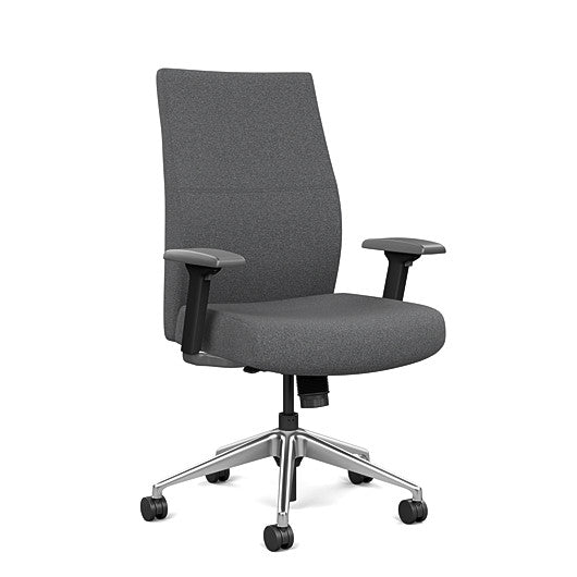 Front view of the SitOnIt Prava midback chair in brushed aluminum frame and gray fabric. Kansas City Office Design