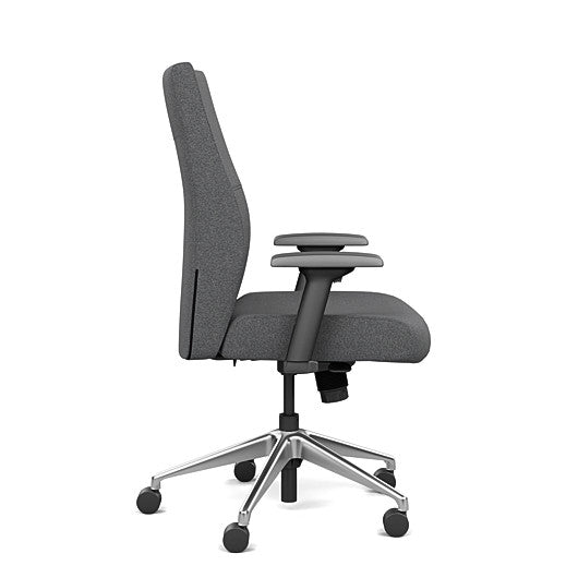 Side view of the SitOnIt Prava midback chair in brushed aluminum frame and gray fabric. Kansas City Office Design