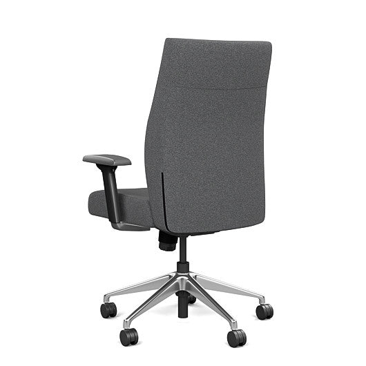 Back view of the SitOnIt Prava midback chair in brushed aluminum frame and gray fabric. Kansas City Office Design