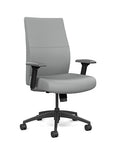 Front view of the SitOnIt Prava midback chair in black frame and Platinum Vinyl fabric. Kansas City Office Design
