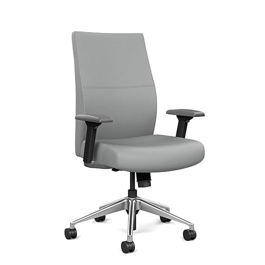 Front view of the SitOnIt Prava midback chair in brushed aluminum frame and Platinum Vinyl fabric. Kansas City Office Design