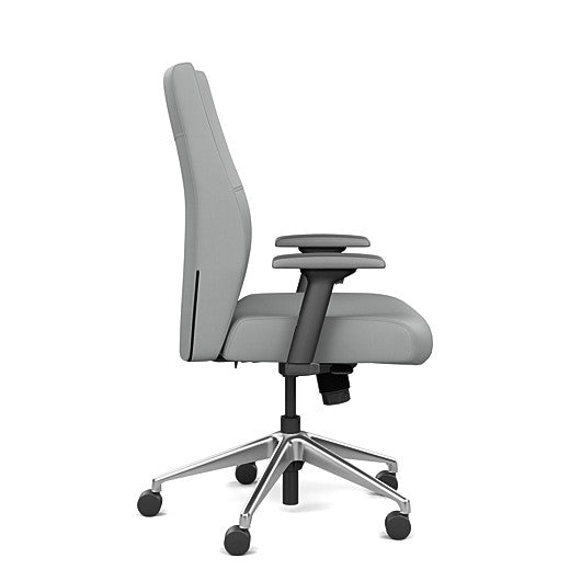 Side view of the SitOnIt Prava midback chair in brushed aluminum frame and Platinum Vinyl fabric. Kansas City Office Design