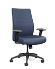 Front view of the SitOnIt Prava midback chair in black frame and Sapphire Vinyl fabric. Kansas City Office Design