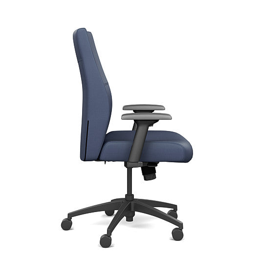 Side view of the SitOnIt Prava midback chair in black frame and Sapphire Vinyl fabric. Kansas City Office Design
