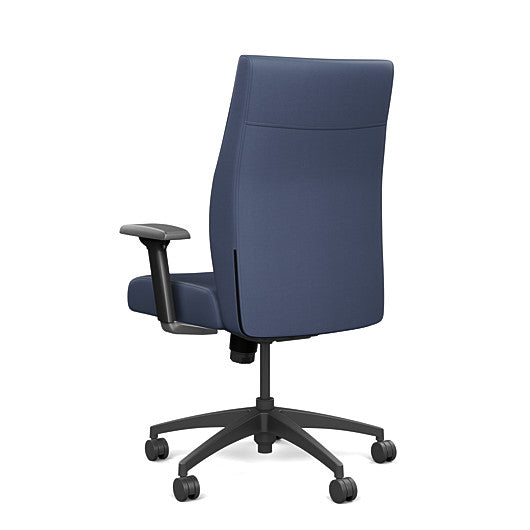 Back view of the SitOnIt Prava midback chair in black frame and Sapphire Vinyl fabric. Kansas City Office Design