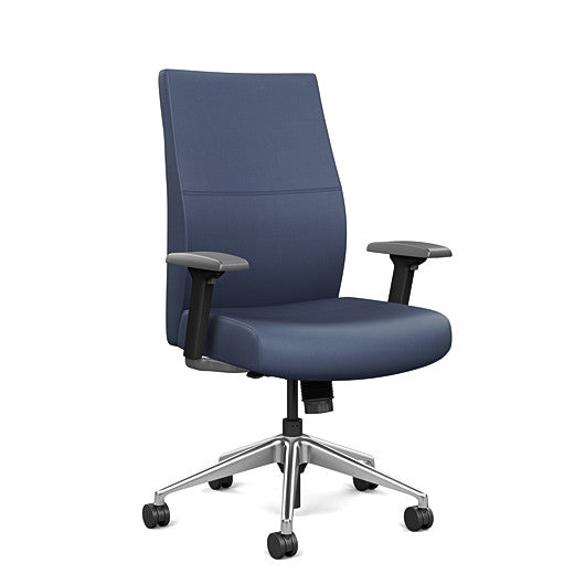 Front view of the SitOnIt Prava midback chair in brushed aluminum frame and Sapphire Vinyl fabric. Kansas City Office Design