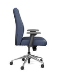 Side view of the SitOnIt Prava midback chair in brushed aluminum frame and Sapphire Vinyl fabric. Kansas City Office Design