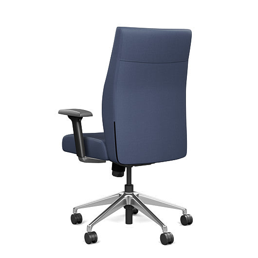 Back view of the SitOnIt Prava midback chair in brushed aluminum frame and Sapphire Vinyl fabric. Kansas City Office Design