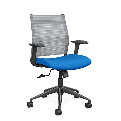 Front view of the SitonIt Wit Med Back Home Desk Chair in a Fog Mesh Back, Blue Seat, and Black Frame. Kansas City Office Furniture