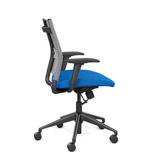 Side view of the SitonIt Wit Med Back Home Desk Chair in a Fog Mesh Back, Blue Seat, and Black Frame. Kansas City Office Furniture