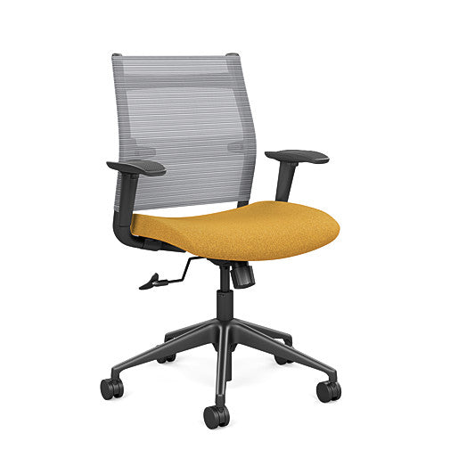 Front view of the SitonIt Wit Med Back Home Desk Chair in a Fog Mesh Back, Yellow Seat, and Black Frame. Kansas City Office Furniture