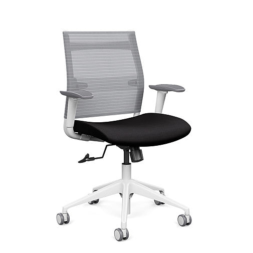 Front view of the SitonIt Wit Med Back Home Desk Chair in a Fog Mesh Back, Black Seat, and White Frame. Kansas City Office Furniture