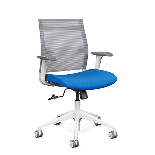 Front view of the SitonIt Wit Med Back Home Desk Chair in a Fog Mesh Back, Blue Seat, and White Frame. Kansas City Office Furniture