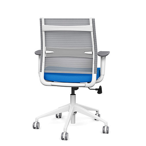 Back view of the SitonIt Wit Med Back Home Desk Chair in a Fog Mesh Back, Blue Seat, and White Frame. Kansas City Office Furniture